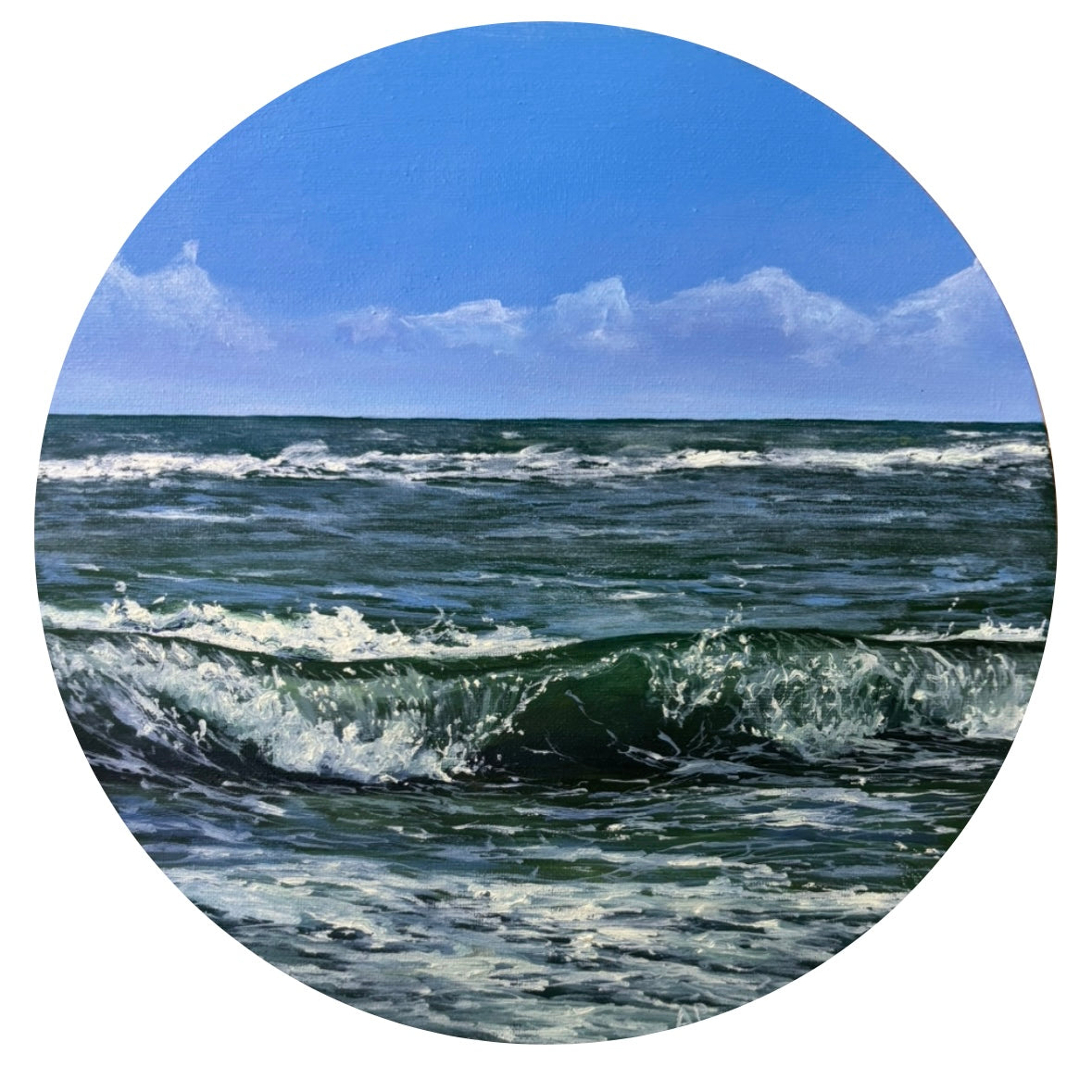 tranquil seascape in harmonius shades of blue and green. The circular shape enhances the feeling of flow, drawing the viewer into the calm rhythm of the sea