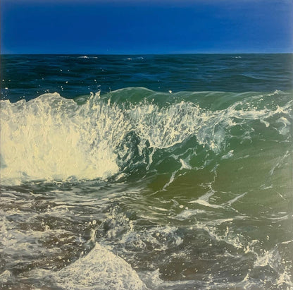 motion of a wave in rich green-blue hues, reflecting the ever-changing colours of the sea. Fluid brushstrokes and layered textures bring depth and serenity to the scene
