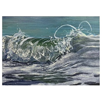 This oil painting captures the powerful surge of an ocean wave, alive and dynamic movement and vibrant shades of green and white. The textured brushstrokes bring the raw energy and beauty of the sea to life