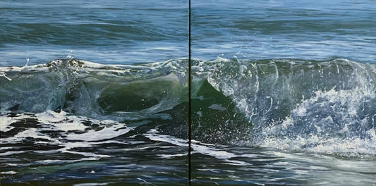 This diptych captures the ocean in a moment of suspended motion - a wave rising with quiet force, just before it crashes. Light dances through the translucent green crest, revealing the sea’s depth and power. It’s a portrait of the sea’s breath: calm and wild in the same heartbeat.