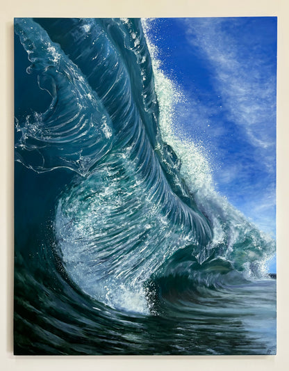 This oil painting captures the power of a large, dark turquoise wave as it rises with dramatic force. Deep tones and bold brushstrokes convey the strenght and mystery of the open sea