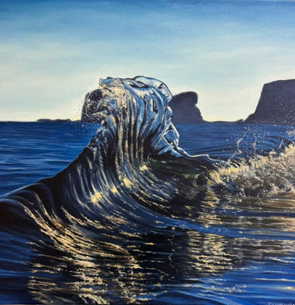 This oil painting captures a transparent blue wave in crystal-clear detail, where light shimmers through the water's graceful curve. The luminous tones evoke purity, motion, and the serene beauty of the sea