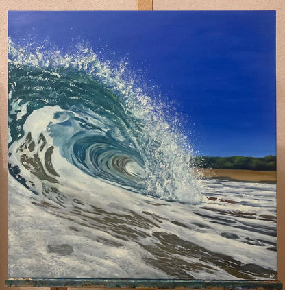 This oil painting features a turquoise sea wave rolling gently beneath a clear blue sky. the vibrant colours and smooth textures evoke a sense of calm and coastal freshness