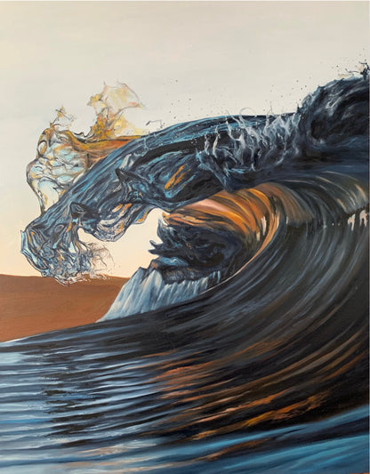 This oil painting portrays a sunset wave in deep blue and earthy brown tones, blending the calm of the sea with the warmth of the fading light. The harmonious colours evoke a tranquil moment where ocean and earth meet at dusk