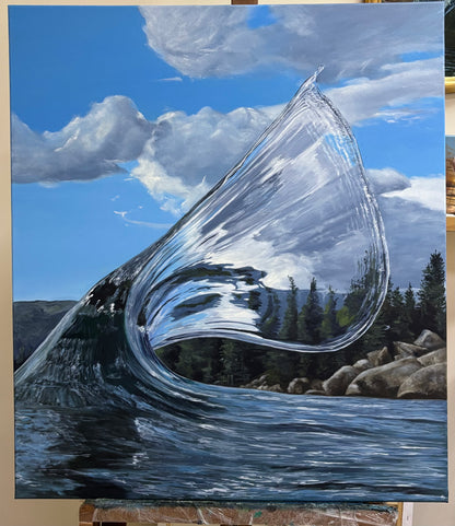 This oil painting captures the delicate transparency of a wave, revealing the light dancing through its crystal-clear form. The subtle shades of blue and white evoke the serene beauty of the lake's gentle flow