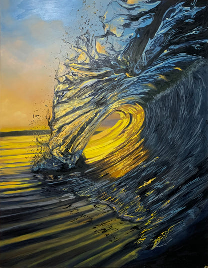 This oil painting showcases a sunset wave glowing in warm golden hues, capturing the magic of the ocean at dusk. The rich colours and soft light create a peaceful and radiant atmosphere