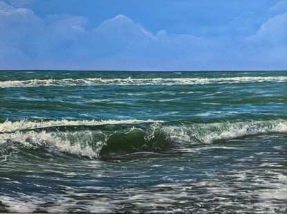 tranquil shoreline of the Tyrrhenian Sea, rendered in soothing blue-green tones. Gentle waves and soft light evoke the calm and timeless beauty of Italy's western coast